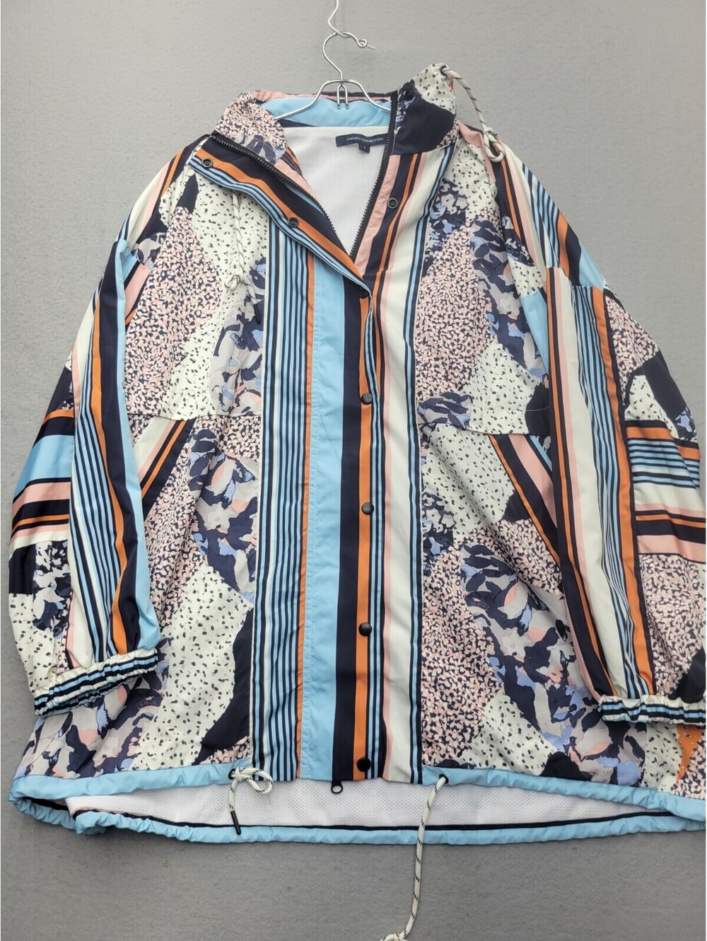 French Connection Women's Coat Large Multicolor Rain Striped Mid-Length
